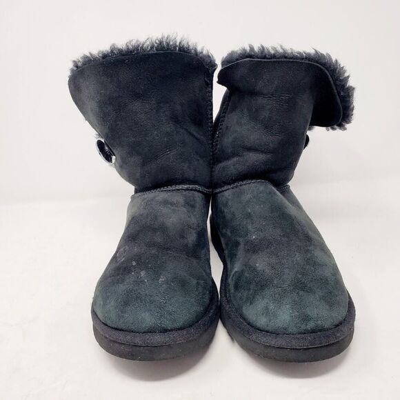 UGG Bailey Button Bling Boots Womens 7 Black Suede Sheepskin Lined Shoes WORN - Picture 3 of 13